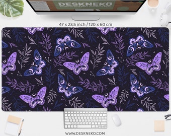 Butterfly desk mat purple, Cottagecore mousepad violet black, Cute moth floral boho lavender, Large xxl Gaming Deskmat rgb, wide mouse pad