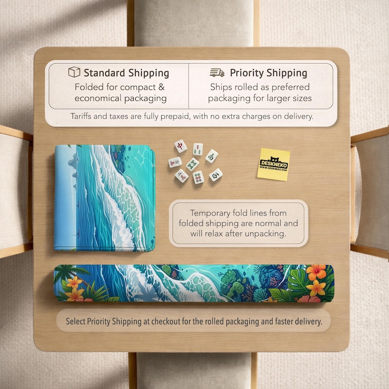 May include: A desk mat and wrist rest set with a tropical ocean wave design. The set includes a rectangular desk mat and a long, curved wrist rest. The desk mat and wrist rest have a blue, green, and yellow color scheme. The text "DESKNEKO" is visible.