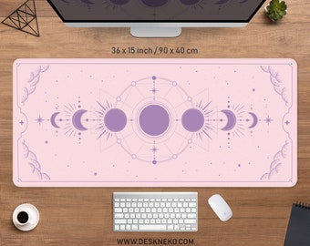 Pastel pink Desk Mat moon phases, Cute Mousepad violet purple, Kawaii boho celestial, large RGB LED Gaming Mouse pad XL aesthetic deskmat