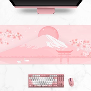 Cherry Blossom desk mat, Japanese mt Fuji landscape Aesthetics mouse pad, minimal kawaii pastel pink Sakura tree, Gaming mousepad 6 sizes image 7