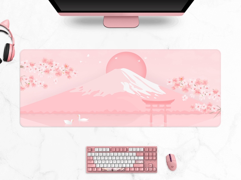 Cherry Blossom desk mat, Japanese mt Fuji landscape Aesthetics mouse pad, minimal kawaii pastel pink Sakura tree, Gaming mousepad 6 sizes image 7