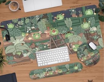 Kawaii frogs Desk Mat, Large gaming Mousepad xl, Cute Mouse Pad Anime Aesthetic, Cozi lofi plants nature green, xxl extended deskmat/playmat
