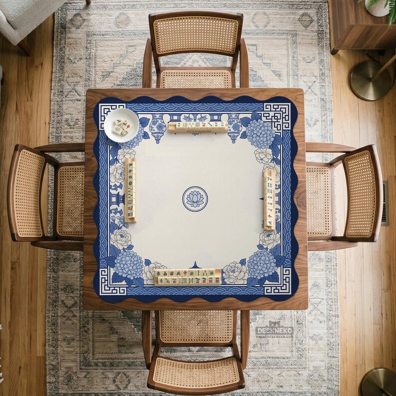 Blue White Floral Mahjong Mat, Chinoiserie Hydrangea Pagoda Tabletop Cover, Elegant Hostess Gift, Lotus Square Game Surface Decor Home image 7