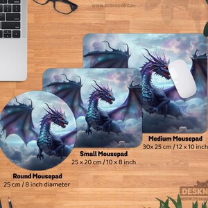 May include: A collection of dragon-themed mousepads in various sizes. The designs feature a detailed illustration of a purple and blue dragon with red eyes against a cloudy sky background. Sizes include round (8-inch diameter), small (10 x 8 inches), and medium (12 x 10 inches).
