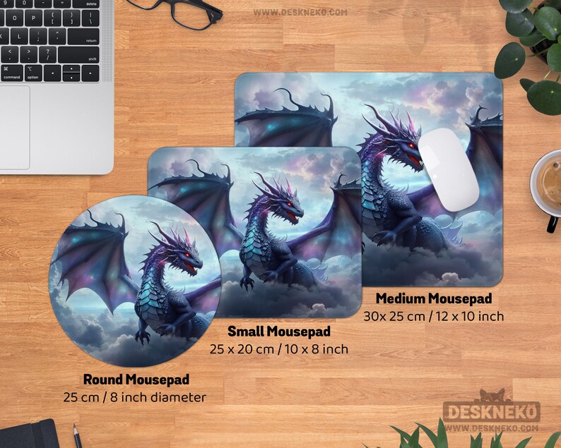 May include: A collection of dragon-themed mousepads in various sizes. The designs feature a detailed illustration of a purple and blue dragon with red eyes against a cloudy sky background. Sizes include round (8-inch diameter), small (10 x 8 inches), and medium (12 x 10 inches).
