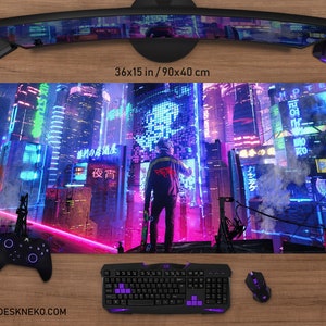 Cyberpunk city desk mat gaming mousepad RGB, Vaporwave Anime deskmat XXL mouse pad led, Aesthetic Tokyo neon signs, xl decor pc keybord matt