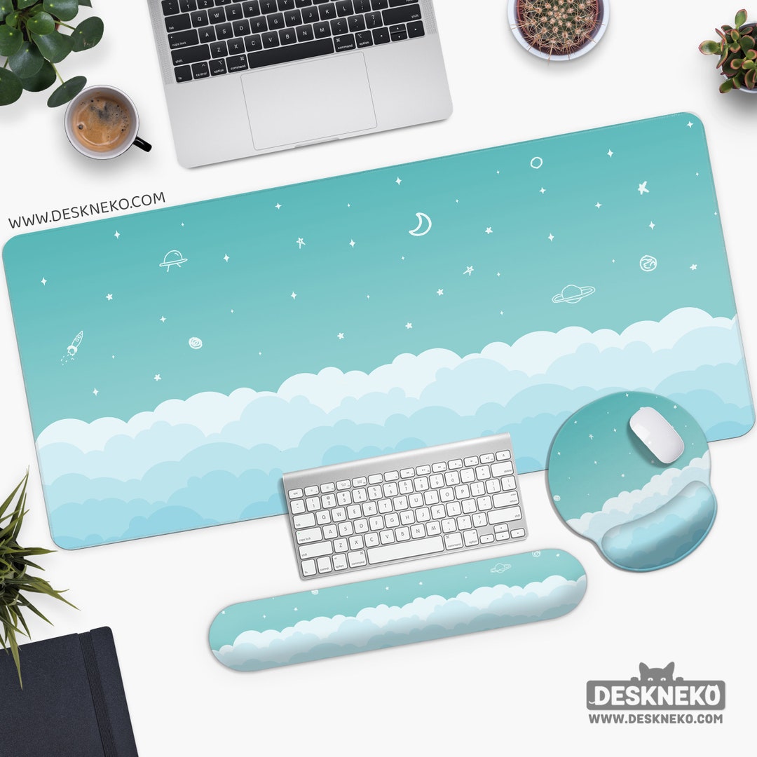 Clouds Desk Mat Teal, Large Mousepad Cute, Kawaii Anime Aesthetic ...