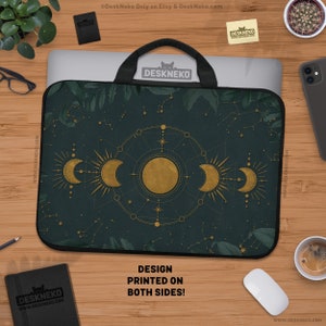 Green Celestial Laptop Sleeve, Bronze Gold Computer Bag, Witchy Moon Phase case cover for ipad/macbook pro 10 11 12 13 14 15 16 17″ inch