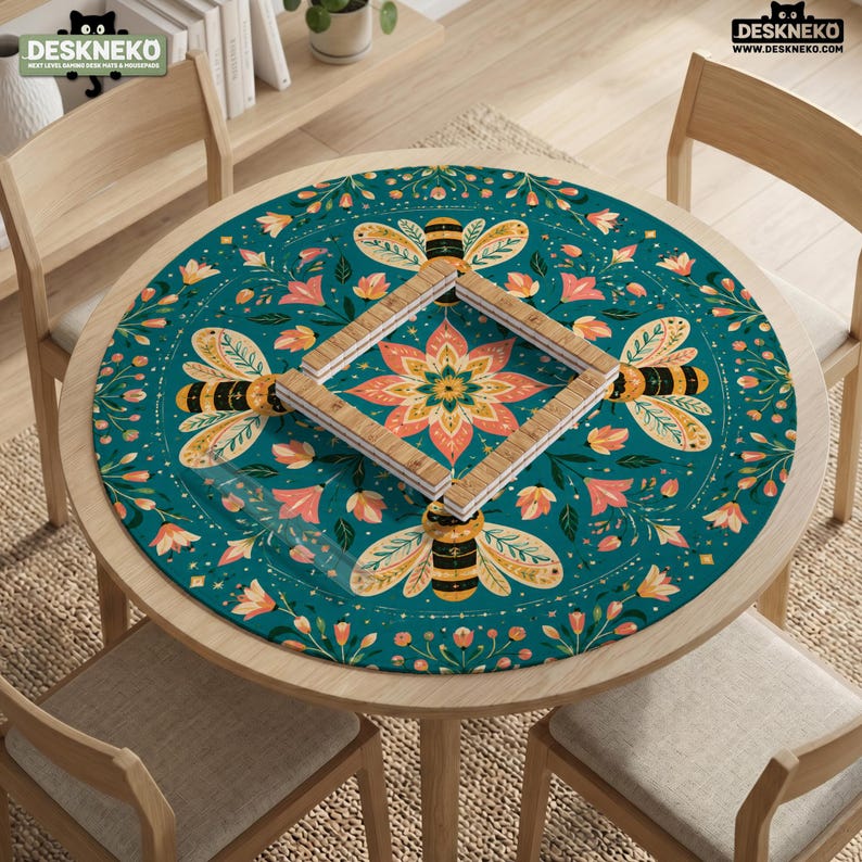 May include: A round desk mat featuring a teal background with a repeating pattern of bees and pink flowers. A square wooden frame is placed in the center of the mat. The text DESKNEKO is visible in the top left and top right corners of the image.