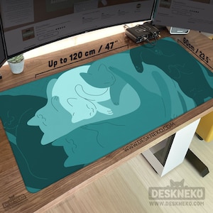 Teal Cats Desk Mat Mouse Pad, Green Mousepad Cute, Kawaii Cat Deskmat xl, Extra Large XXL, Extended table matt led, Aesthetic Office Decor 120x60cm / 47 x 23.5 inches