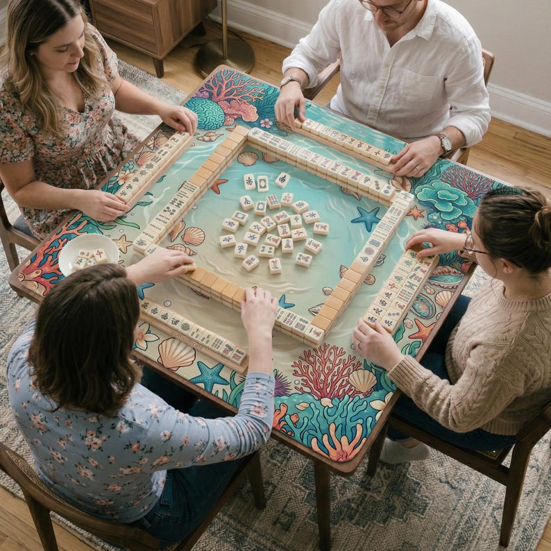 May include: A group of four people playing Mahjong on a wooden table. The table has a colorful ocean-themed design with coral, starfish, and seashells. The Mahjong tiles are beige, and the players are seated around the table.