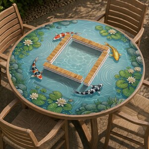 May include: A round table featuring a printed pond scene with four koi fish in red, white, black, and gold, surrounded by green lily pads, white water lilies, and grey stones. A square wooden frame is positioned in the center of the table surface.