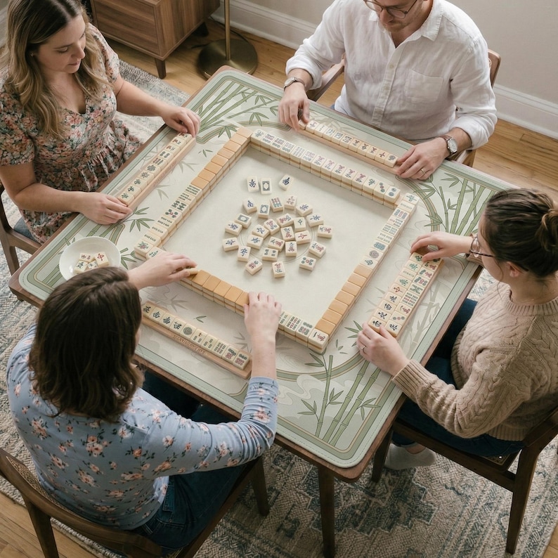May include: A square mahjong table with a light green bamboo-patterned surface, featuring a central playing area with scattered ivory-colored tiles and four wooden racks holding rows of tiles, arranged for a game with four players around the table.