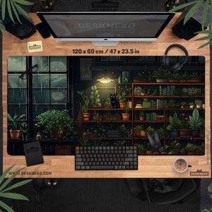 Cozy Desk Mat Mousepad, Large Mouse Pad Lofi Cat Aesthetic, Dark green plants books, RGB/LED deskmat xxl, Giant keyboard matt xl, decor gift