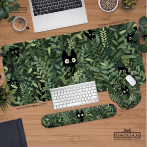 Katzen Schreibtischmatte grün, süßes großes Mauspad, Dark Academia Ästhetik, erweiterte Tastatur matt, LED Mauspad XL, XXL Gaming Schreibtischmatte Geschenk für