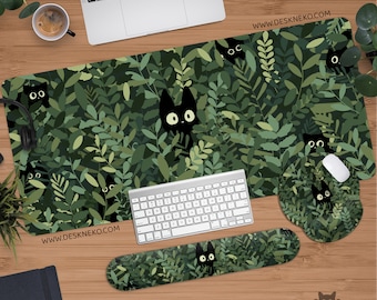 Tappetino da scrivania Cats verde, simpatico tappetino per mouse grande, estetica Dark Academia, tastiera estesa opaca, tappetino per mouse LED XL, tappetino da gioco XXL regalo per