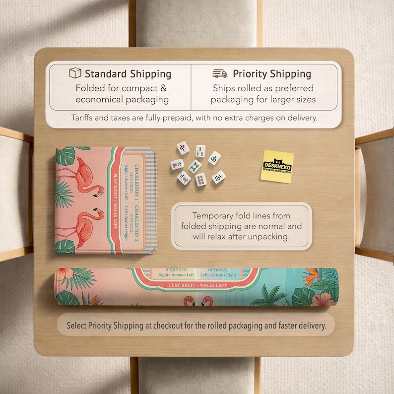 May include: A Mahjong mat featuring a pink flamingo and tropical leaf pattern, displayed both folded and rolled. The mat includes printed text for game instructions, accompanied by several white Mahjong tiles and a yellow square note with the text DESKNEKO.