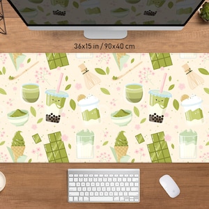 Matcha Desk Mat Kawaii Mousepad Boba tea, Kawaii cute sage green Japanese design, big xl xxl gaming deskmat led rgb anime mouse pad large