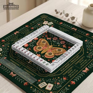 May include: A square dark green mahjong mat featuring a central moth illustration surrounded by floral motifs and butterflies. The mat includes printed text detailing Charleston rules and wall directions, with white mahjong tiles arranged in a square.