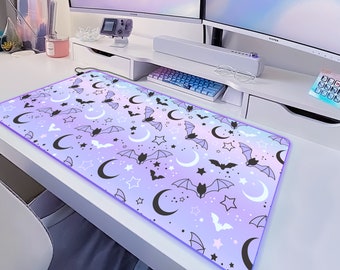 Pastel goth desk mat, Cute witch mousepad, Bats moon and stars, xxl gaming deskmat rgb led, Kawaii gothic aesthetic, xl Mouse pad wrist rest