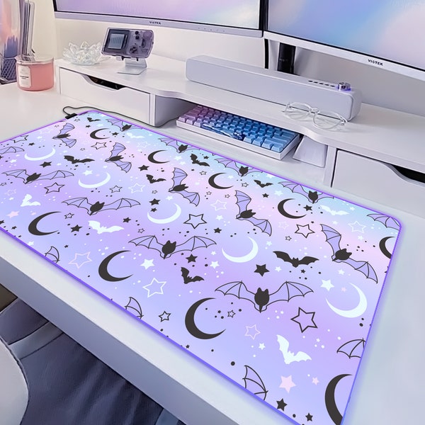 Pastel goth desk mat, Cute witch mousepad, Bats moon and stars, xxl gaming deskmat rgb led, Kawaii gothic aesthetic, xl Mouse pad wrist rest