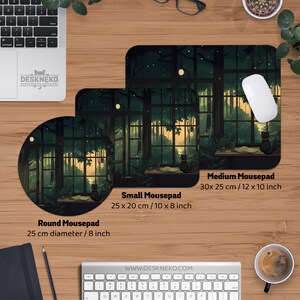 May include: Three mousepads of varying sizes, featuring a dark green and yellow illustration of a window scene with a black cat. The medium mousepad measures 12 x 10 inches. The small mousepad is 10 x 8 inches, and the round mousepad is 8 inches in diameter.