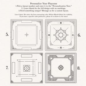 May include: A white and black design with four square layout options for a personalized game. The text reads "Personalize Your Playzone" and provides instructions for customization, including color preferences and custom layouts.