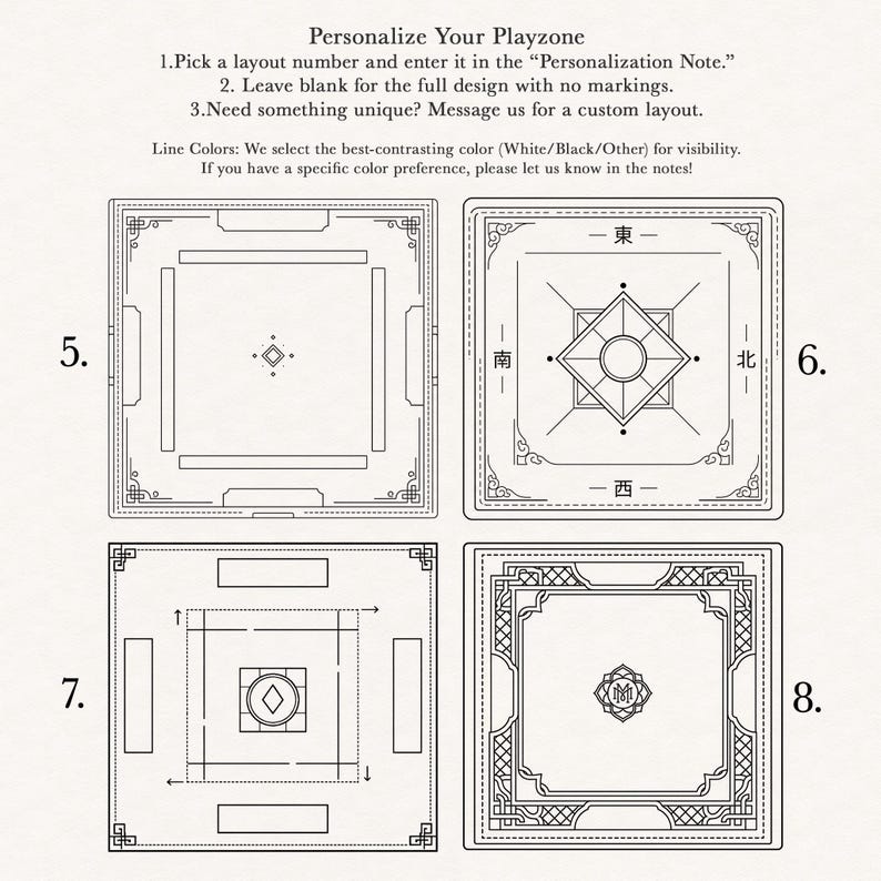 May include: A white and black design with four square layout options for a personalized game. The text reads "Personalize Your Playzone" and provides instructions for customization, including color preferences and custom layouts.