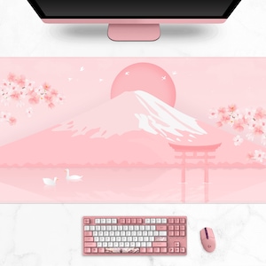 Cherry Blossom desk mat, Japanese mt Fuji landscape Aesthetics mouse pad, minimal kawaii pastel pink Sakura tree, Gaming mousepad (6 sizes)