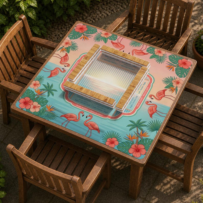 May include: A square game table featuring a tropical print with pink flamingos, red hibiscus flowers, and green palm leaves. The center has a raised wooden frame surrounding a sunset-themed playing surface with text including Play Right.