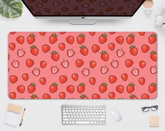 Tapis de souris kawaii fraise, motif fraise rouge et rose, lait fruité, style anime, tapis de souris kawaii pour bureau, format XXL pour gamer