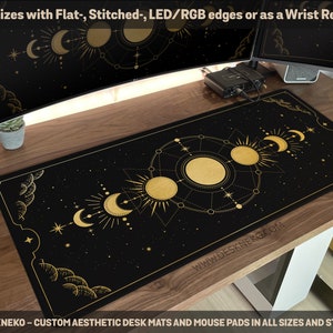 Alfombrilla de escritorio celestial, alfombrilla de ratón de fases lunares, alfombrilla de ratón bruja grande, oro negro deskmat xl, XXL RGB LED Gaming, Tarot astrología bruja estética