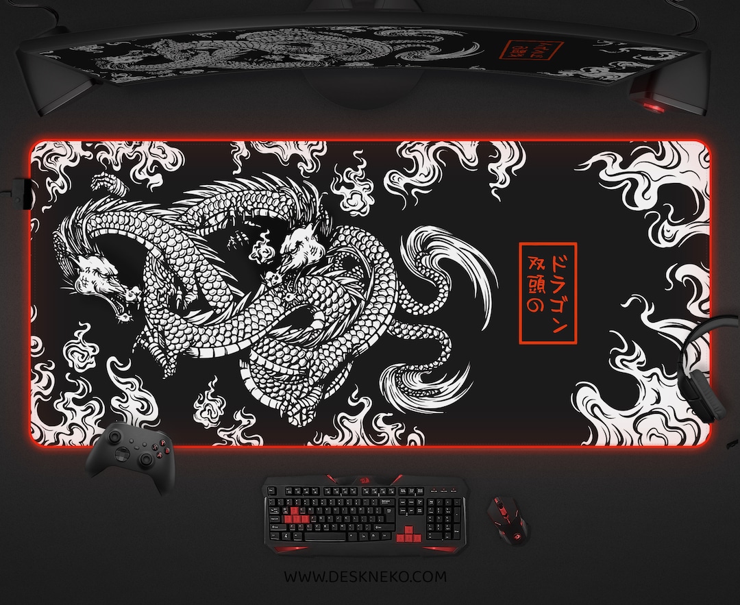 Dragon Desk Mat Large, Japanese Mouse Pad Rgb Light, Black and White
