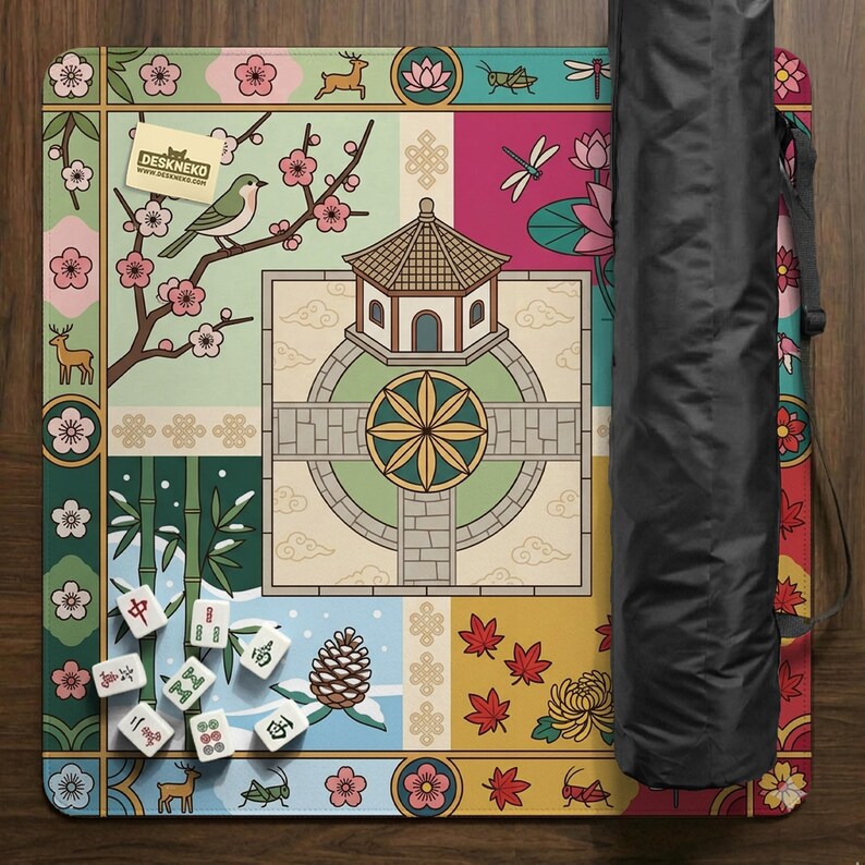 Mahjong Mat, Four Seasons Mahjong Table Mat, Cherry Blossom Bird Lotus Garden Playmat, Travel Game Pad, Asian Decor Gift for Tabletop Games image 14