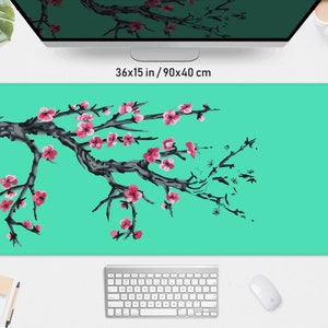 Ästhetische Schreibtischmatte Sakura, Kirschblüten Mousepad, XXL Gaming Deskmat RGB LED, Japanisches Vaporwave Türkis grün cyan Mousepad xl