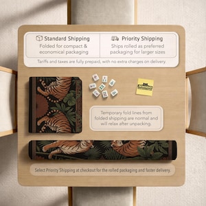 May include: A desk mat and matching accessories featuring a tiger design. The desk mat is rectangular, with a black background and a detailed illustration of tigers and foliage. The set includes a matching mousepad and a few mahjong tiles.