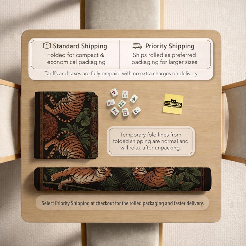 May include: A desk mat and matching accessories featuring a tiger design. The desk mat is rectangular, with a black background and a detailed illustration of tigers and foliage. The set includes a matching mousepad and a few mahjong tiles.