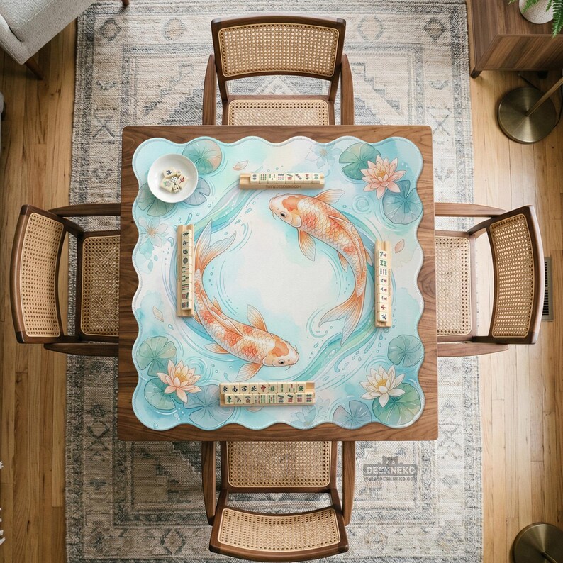 May include: A square wooden table with four cane-back chairs features a scalloped-edge mat decorated with two orange koi fish, pink lotus flowers, and green lily pads. Mahjong tiles are arranged on the mat, with a small bowl of tiles nearby.