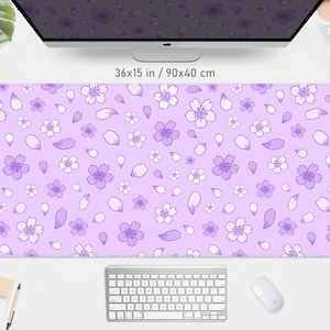 Violet Desk Mat Cherry Blossom Mousepad Purple, Cute pastel anime aesthetics pink sakura, small mouse pad xxl large big Gaming Deskmat RGB