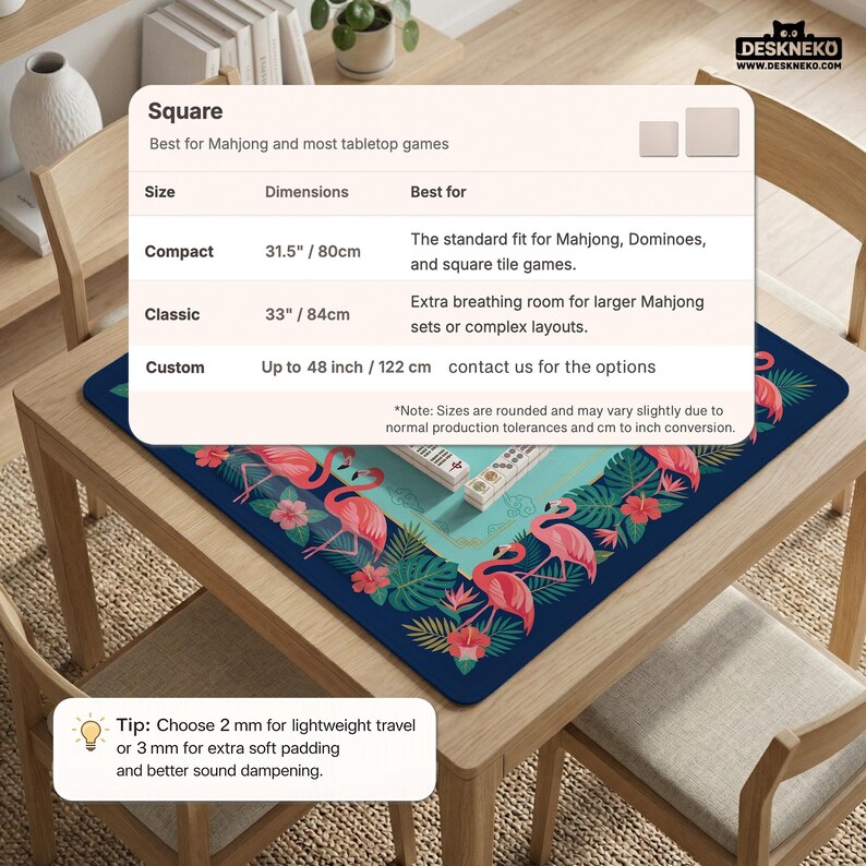 May include: A square desk mat with a flamingo and tropical leaf design. The mat is navy blue with pink flamingos and green leaves. The mat is available in sizes up to 48 inches (122 cm). The mat is best for Mahjong and other tabletop games.