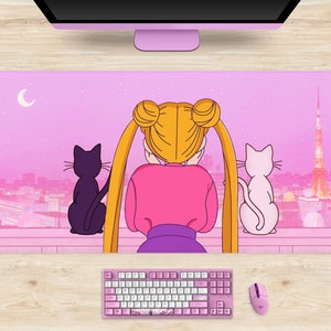 Retro Anime Desk Mat, Lo-fi Purple anime aesthetic, Artemis and Luna cats, pink XXL extra large extended gaming mousepads, cute mouse pad