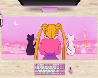 Retro Anime Desk Mat, Lo-fi Purple anime aesthetic, Artemis and Luna cats, pink XXL extra large extended gaming mousepads, cute mouse pad