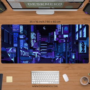 Gaming-skrivbordsmatta blå, stor musmatta rgb, Vaporwave Tokyo city street anime handledsstöd, bred XXL LED-skrivbordsmatta japansk musmatta för spelare 35" x 16" (90x40cm) inches