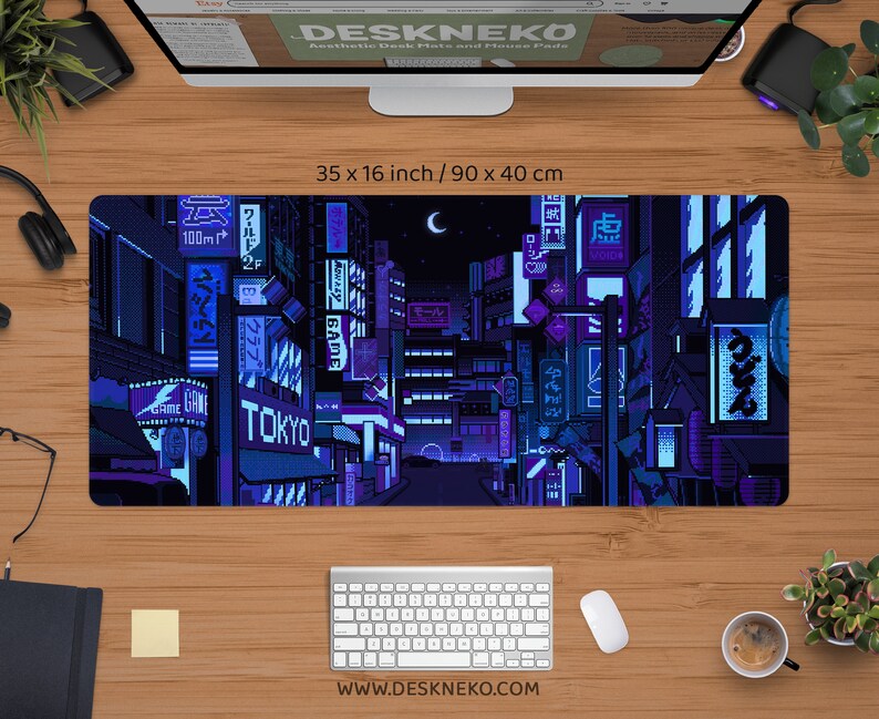 Gaming-skrivbordsmatta blå, stor musmatta rgb, Vaporwave Tokyo city street anime handledsstöd, bred XXL LED-skrivbordsmatta japansk musmatta för spelare 35" x 16" (90x40cm) inches