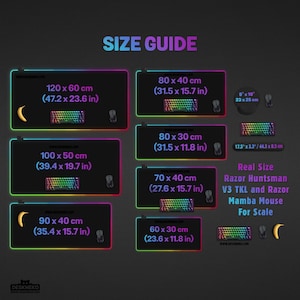 An infographic titled "LED MOUSEPAD SIZE GUIDE" displays various desk mat sizes, using a Razer Huntsman V3 TKL keyboard and Mamba Mouse for scale. Seven sizes are listed including extra large (XL, XXL, and 3XL) for any desk. Featured sizes include a 120x60cm (47"x23.5") extra large deskmat, as well as 100x60cm, 100x50cm, 90x40cm, 80x40cm, 80x30cm and 60x30cm. All the sizes are listed in both CM and Inches. Each mat features vibrant RGB-style glowing edges. A banana for scale is also included.