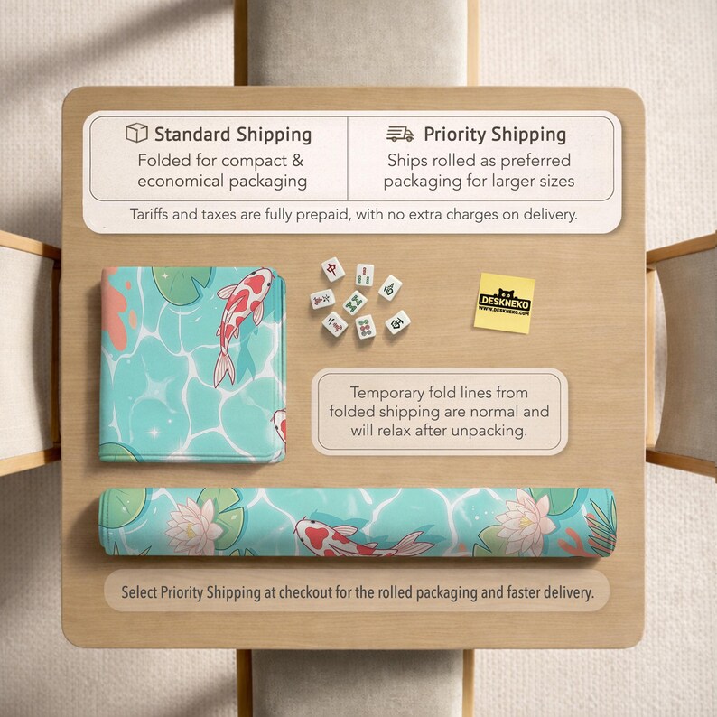 May include: A rectangular mat and a square mat featuring a light blue water pattern with pink and white koi fish and lotus flowers. Nine small white mahjong tiles are arranged in the center. A yellow square note displays the text DESKNEKO.