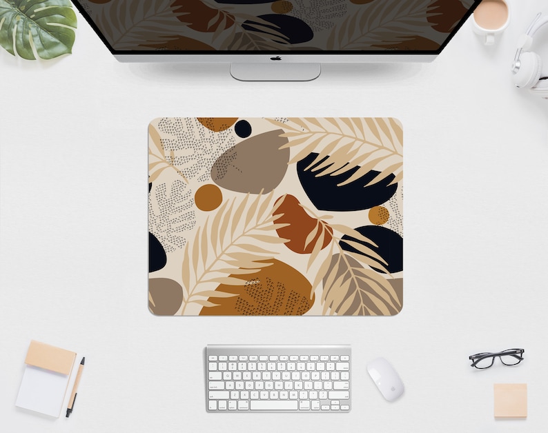 Boho desk mat mousepad minimal, Cute beige brown forest plants flowers, botany botanical pattern monstera matt, xxl gaming deskmat mouse pad 14" x 18" (35x45cm) inches