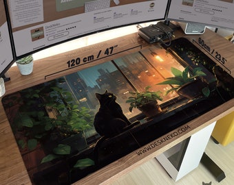 Cozy Cat Desk Mat, Lofi Mouse Pad, XL Gaming Mousepad led/rgb extra large anime deskmat xxl, dark academia plants aesthetic, Cute decor gift