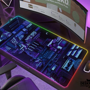 Gaming-skrivbordsmatta blå, stor musmatta rgb, Vaporwave Tokyo city street anime handledsstöd, bred XXL LED-skrivbordsmatta japansk musmatta för spelare 35" x 12" (90x30cm) inches