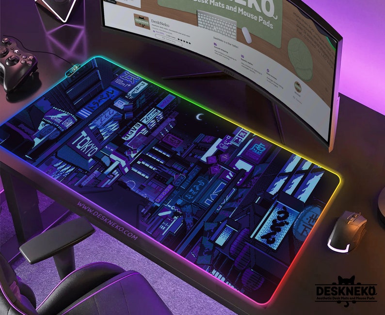 Gaming-skrivbordsmatta blå, stor musmatta rgb, Vaporwave Tokyo city street anime handledsstöd, bred XXL LED-skrivbordsmatta japansk musmatta för spelare 35" x 12" (90x30cm) inches